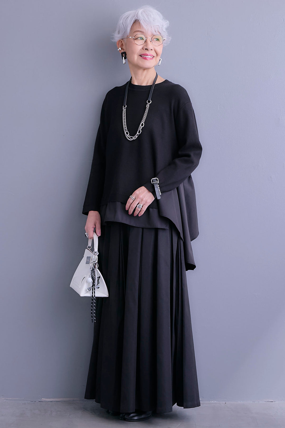 【SET】アシンメトリードレープレイヤードニット+シャークスキンWタックプリーツスカート(2set)