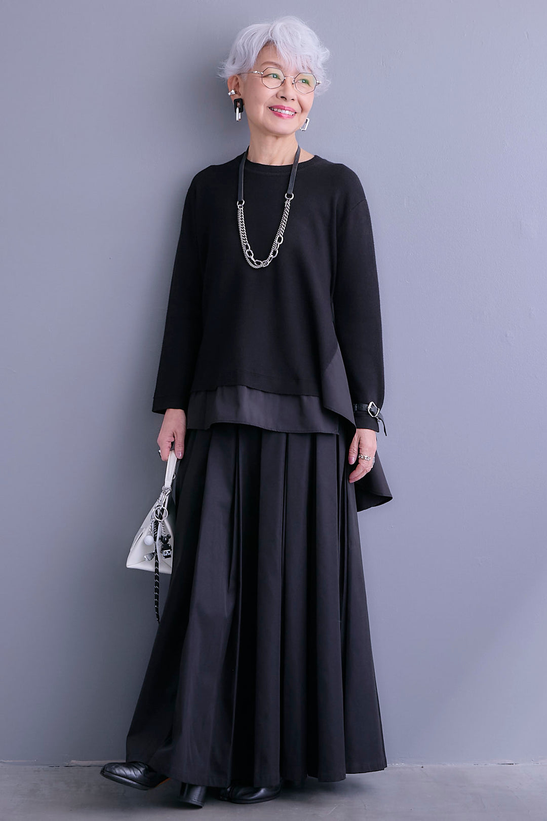 【SET】アシンメトリードレープレイヤードニット+シャークスキンWタックプリーツスカート(2set)