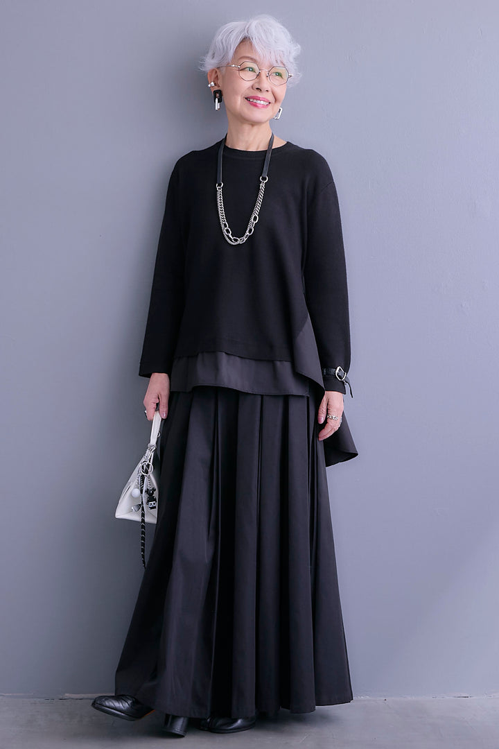 【SET】アシンメトリードレープレイヤードニット+シャークスキンWタックプリーツスカート(2set)