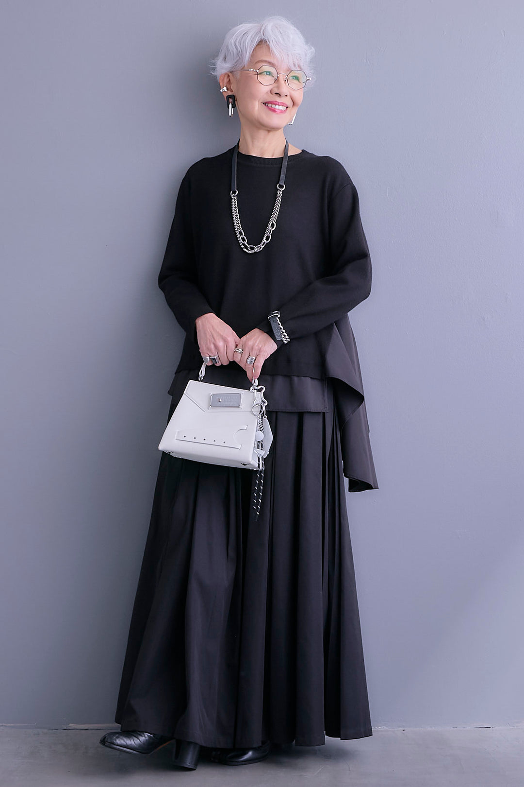 【SET】アシンメトリードレープレイヤードニット+シャークスキンWタックプリーツスカート(2set)