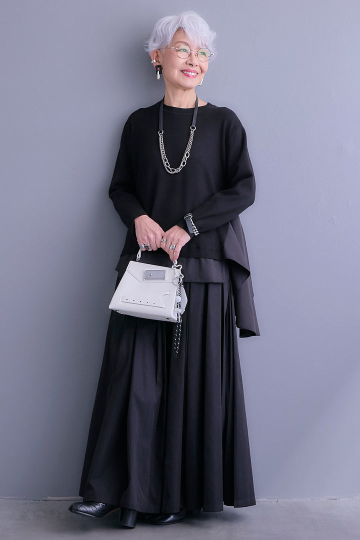 【SET】アシンメトリードレープレイヤードニット+シャークスキンWタックプリーツスカート(2set)