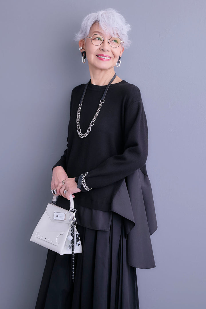 【SET】アシンメトリードレープレイヤードニット+シャークスキンWタックプリーツスカート(2set)