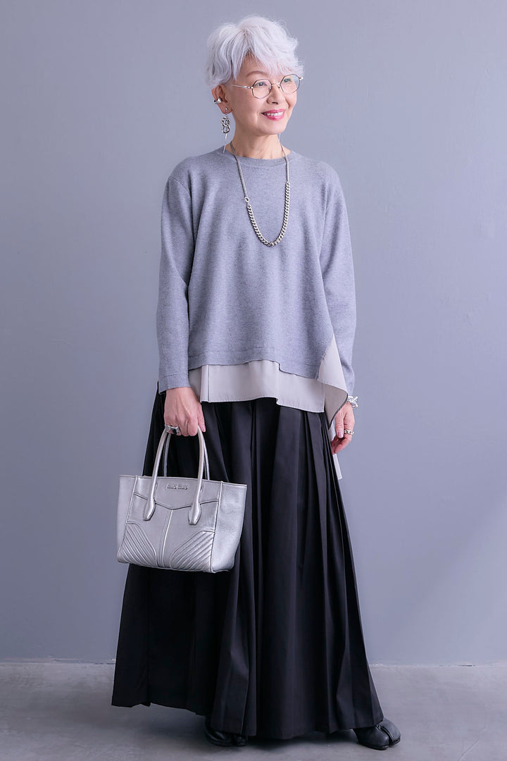 【SET】アシンメトリードレープレイヤードニット+シャークスキンWタックプリーツスカート(2set)