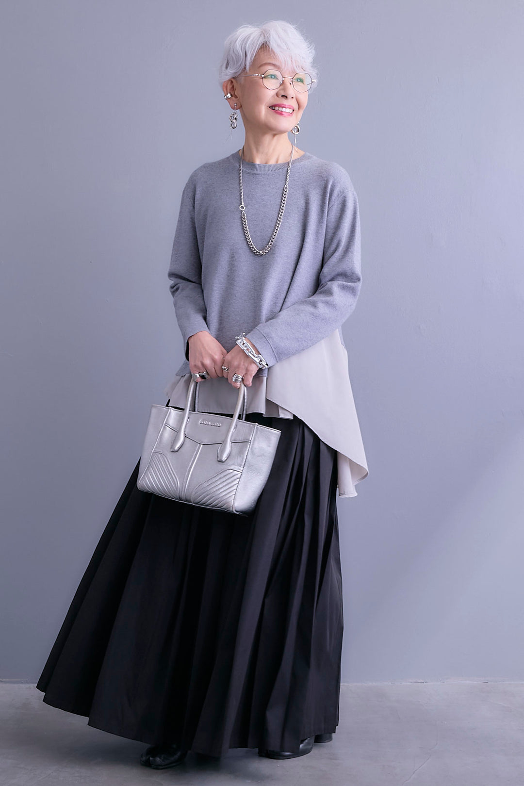 【SET】アシンメトリードレープレイヤードニット+シャークスキンWタックプリーツスカート(2set)