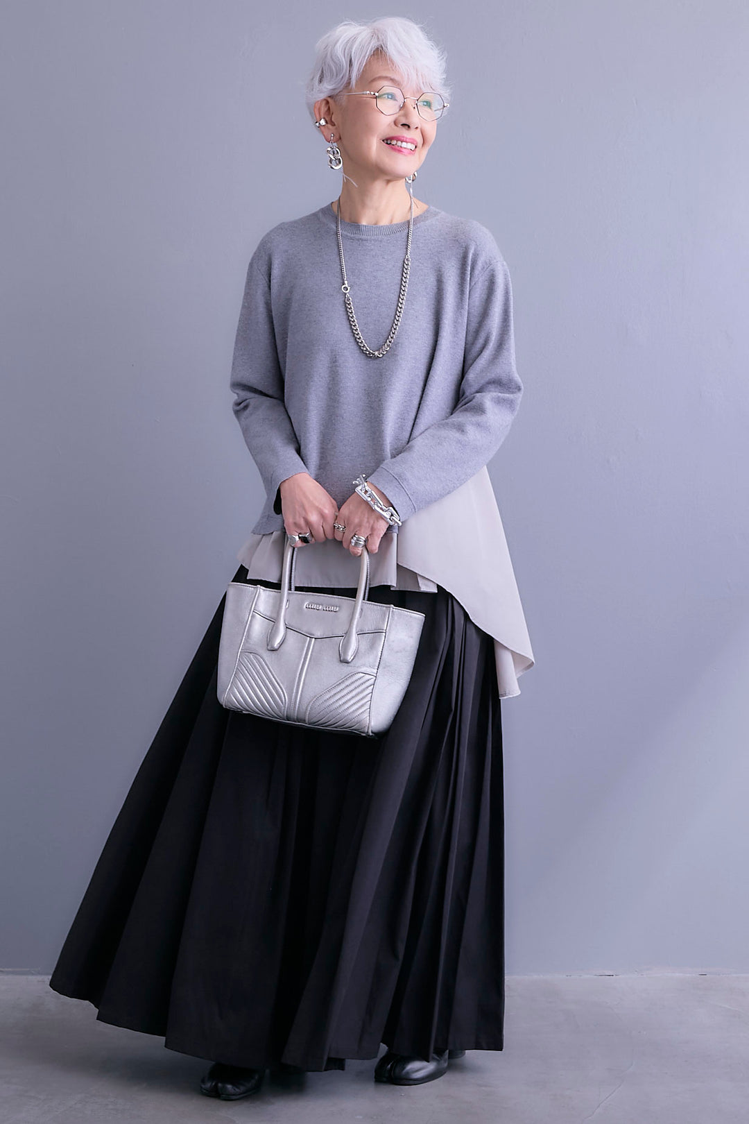 【SET】アシンメトリードレープレイヤードニット+シャークスキンWタックプリーツスカート(2set)