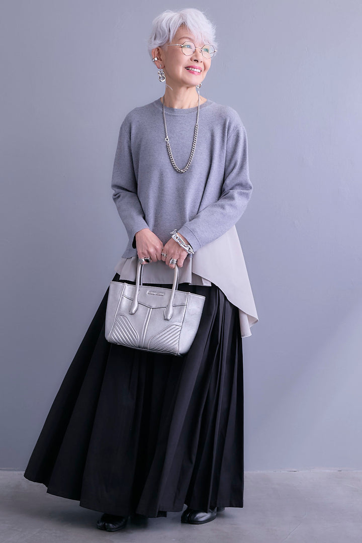 【SET】アシンメトリードレープレイヤードニット+シャークスキンWタックプリーツスカート(2set)