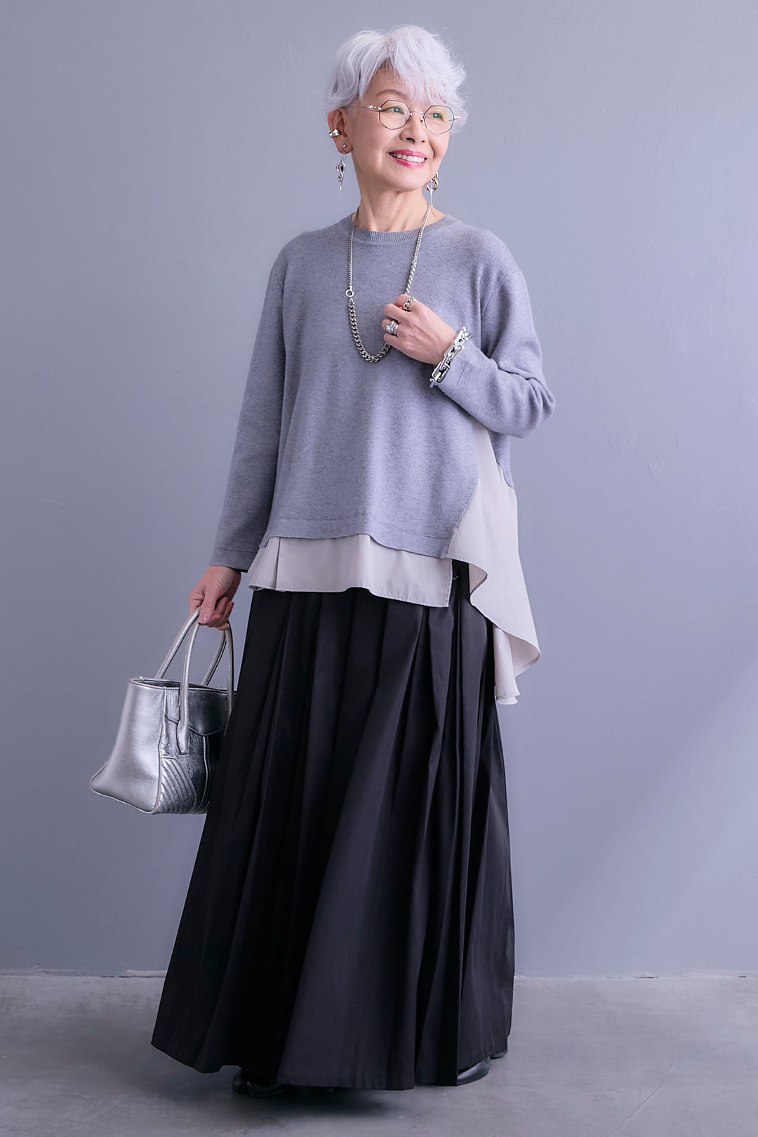 【SET】アシンメトリードレープレイヤードニット+シャークスキンWタックプリーツスカート(2set)