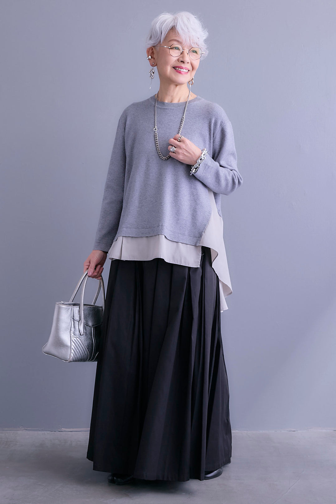 【SET】アシンメトリードレープレイヤードニット+シャークスキンWタックプリーツスカート(2set)