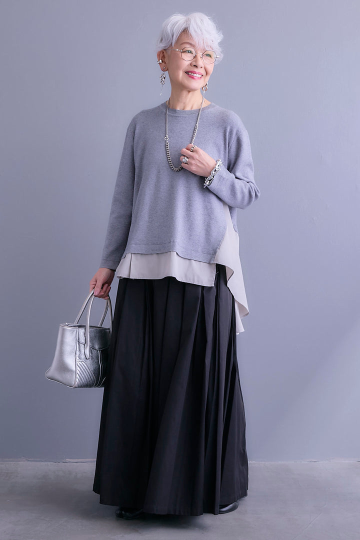 【SET】アシンメトリードレープレイヤードニット+シャークスキンWタックプリーツスカート(2set)