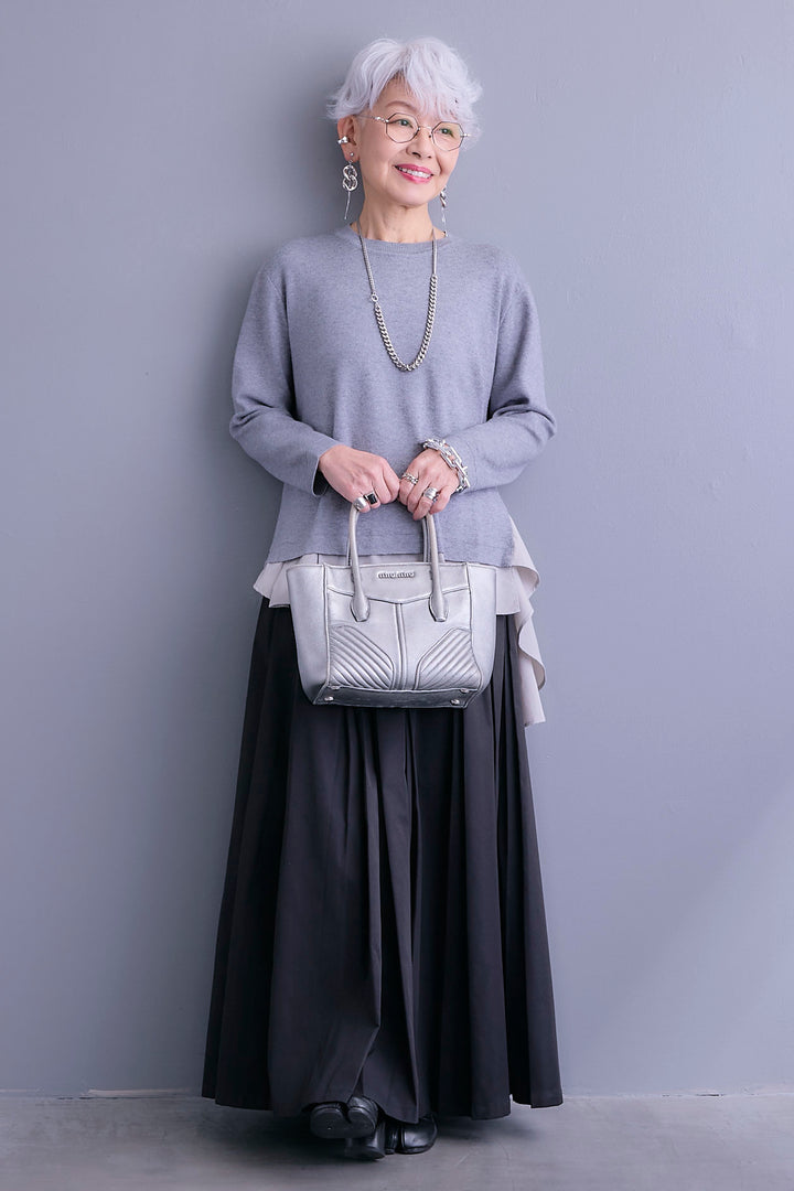 【SET】アシンメトリードレープレイヤードニット+シャークスキンWタックプリーツスカート(2set)