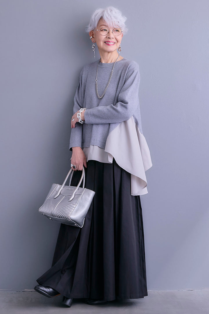 【SET】アシンメトリードレープレイヤードニット+シャークスキンWタックプリーツスカート(2set)