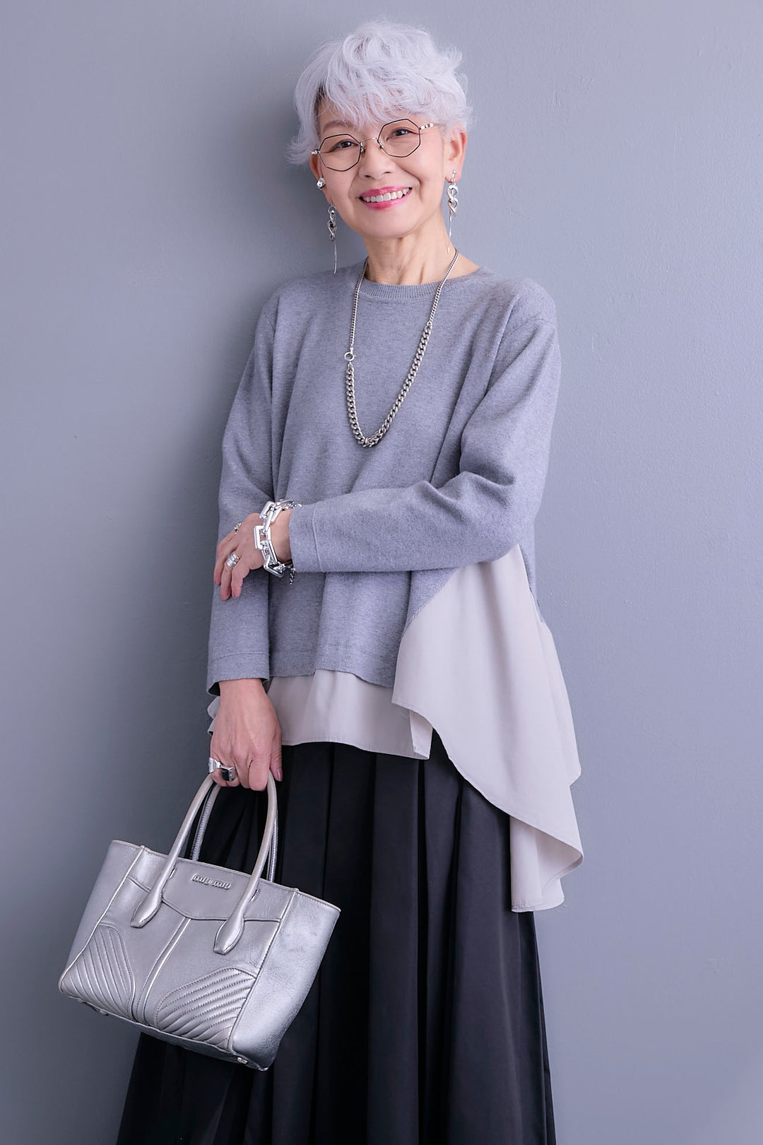 【SET】アシンメトリードレープレイヤードニット+シャークスキンWタックプリーツスカート(2set)