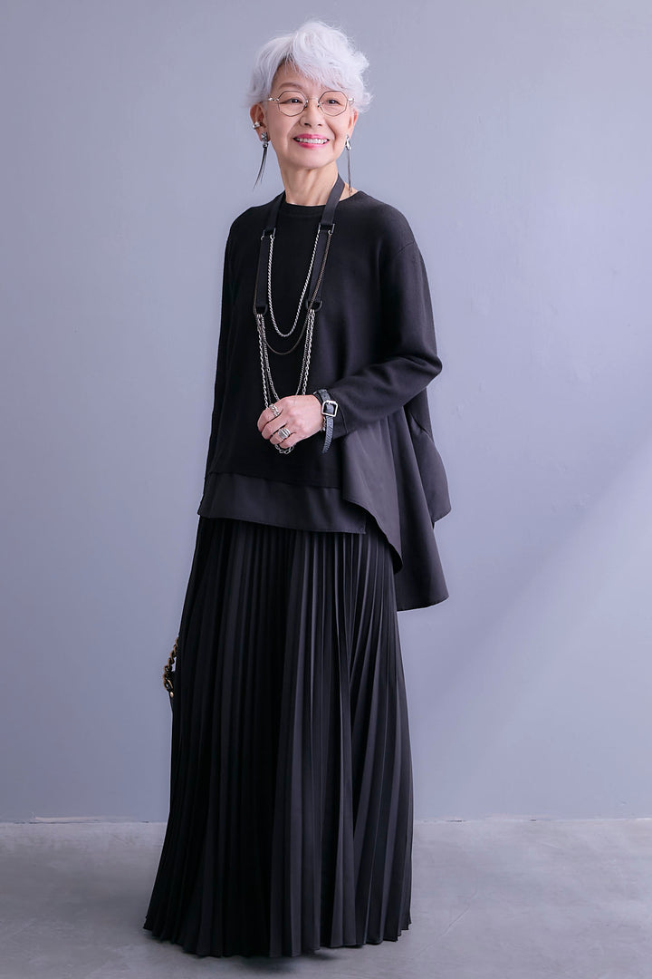 【SET】アシンメトリードレープレイヤードニット+ルーズロングプリーツスカート(2set)