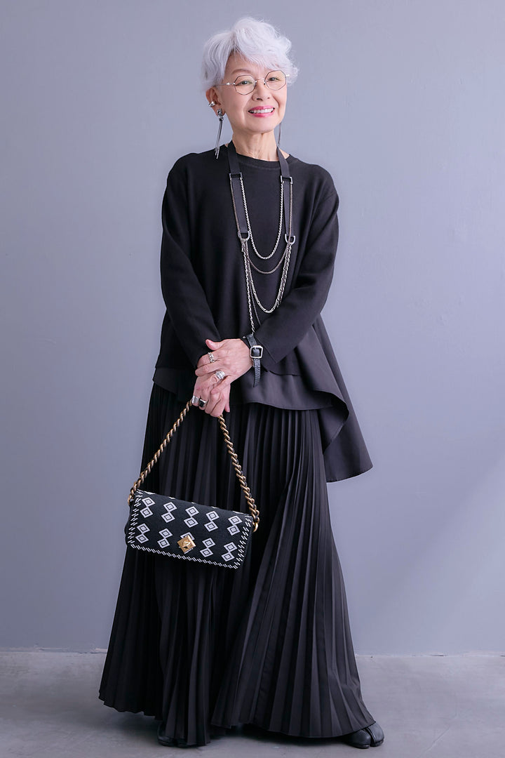 【SET】アシンメトリードレープレイヤードニット+ルーズロングプリーツスカート(2set)