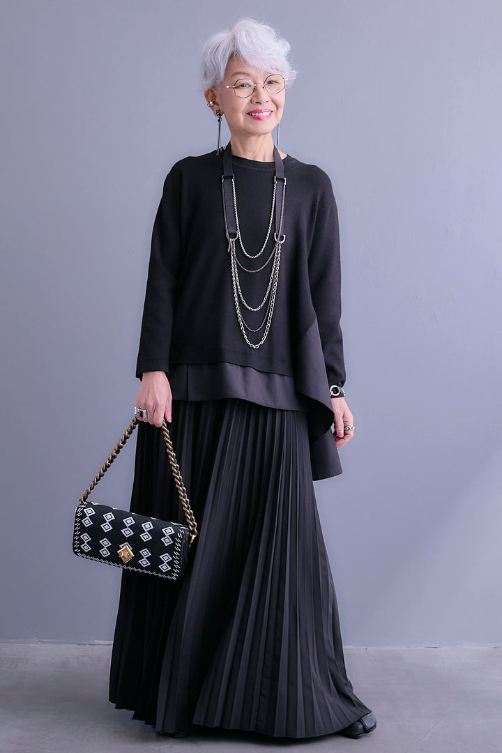 【SET】アシンメトリードレープレイヤードニット+ルーズロングプリーツスカート(2set)