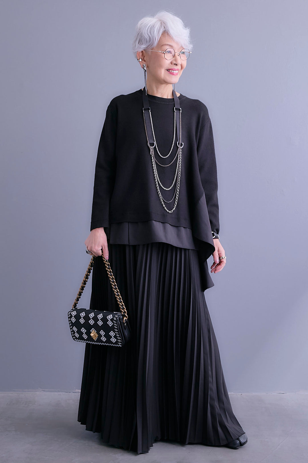 【SET】アシンメトリードレープレイヤードニット+ルーズロングプリーツスカート(2set)