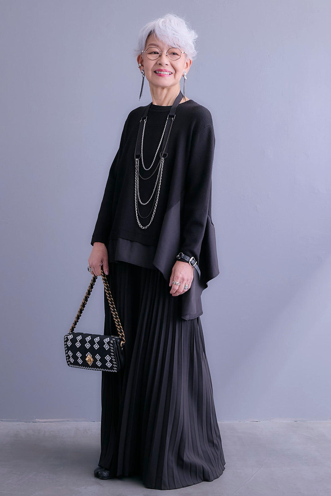 【SET】アシンメトリードレープレイヤードニット+ルーズロングプリーツスカート(2set)