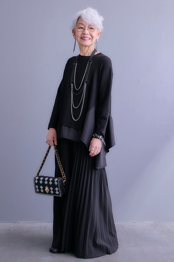 【SET】アシンメトリードレープレイヤードニット+ルーズロングプリーツスカート(2set)