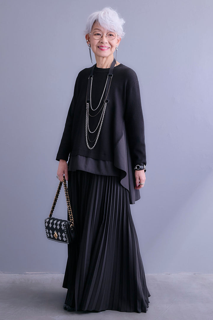 【SET】アシンメトリードレープレイヤードニット+ルーズロングプリーツスカート(2set)