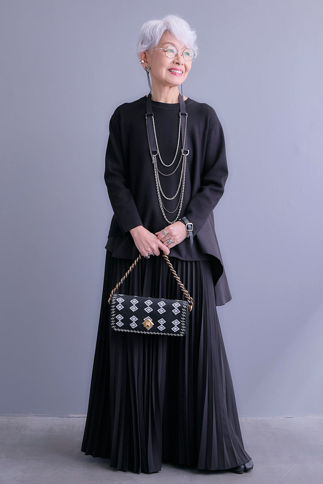 【SET】アシンメトリードレープレイヤードニット+ルーズロングプリーツスカート(2set)