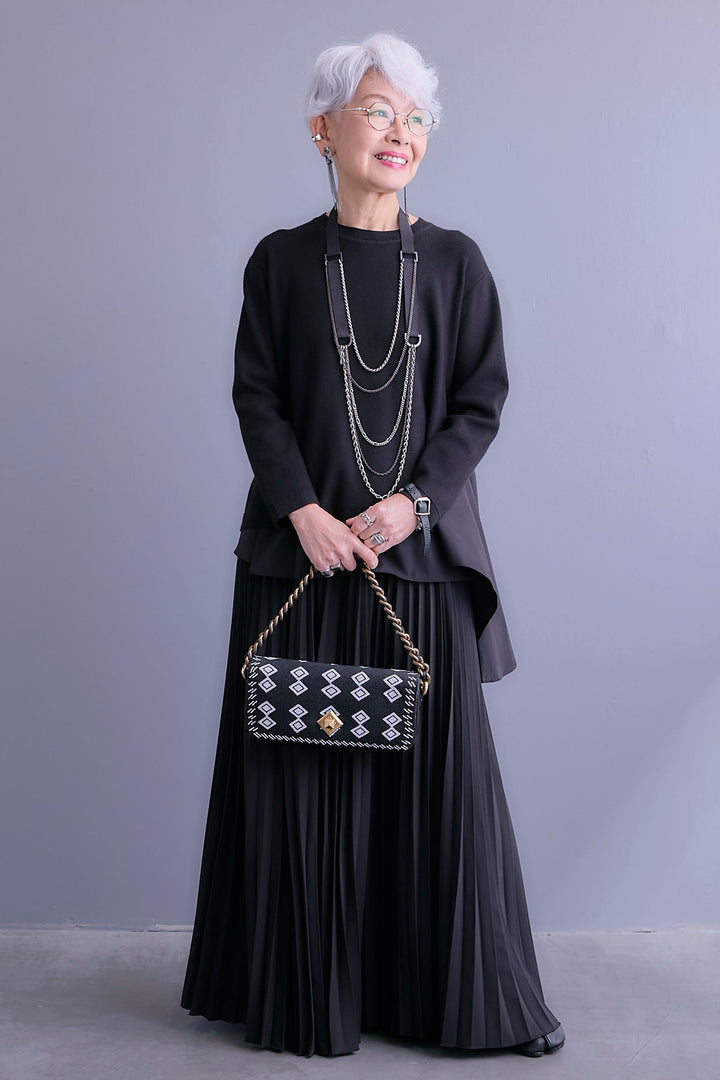 【SET】アシンメトリードレープレイヤードニット+ルーズロングプリーツスカート(2set)