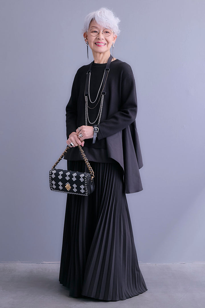 【SET】アシンメトリードレープレイヤードニット+ルーズロングプリーツスカート(2set)