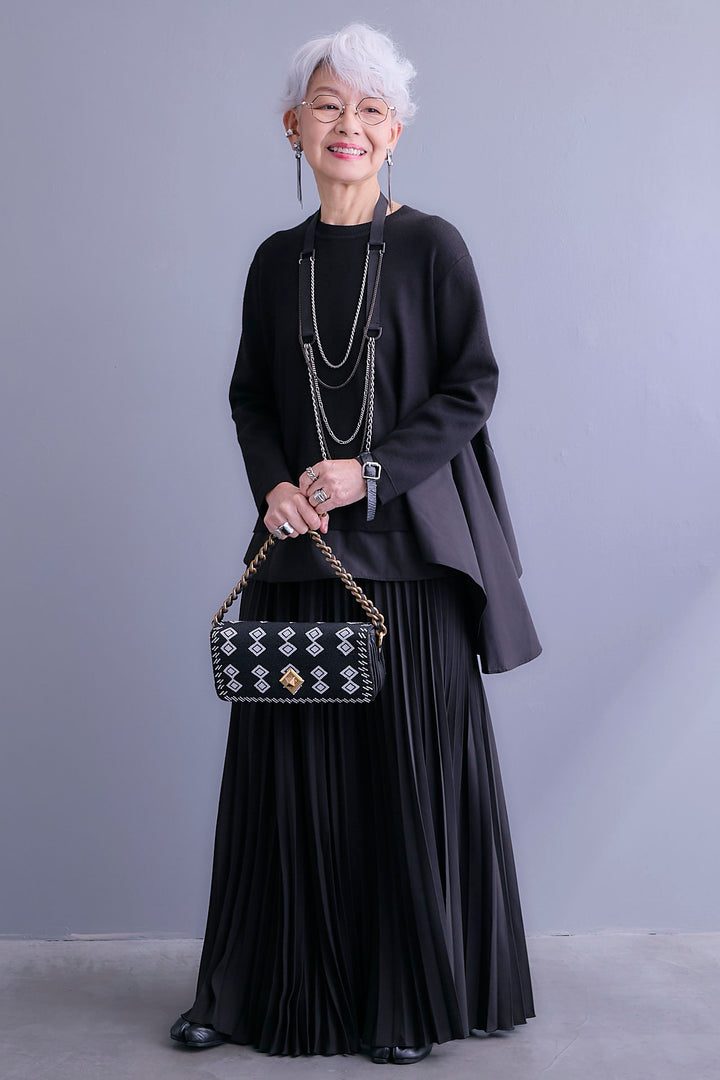 【SET】アシンメトリードレープレイヤードニット+ルーズロングプリーツスカート(2set)