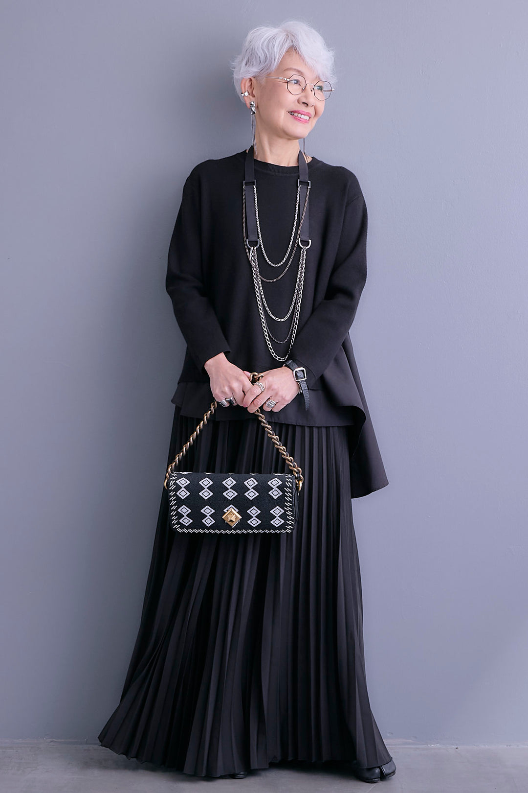 【SET】アシンメトリードレープレイヤードニット+ルーズロングプリーツスカート(2set)