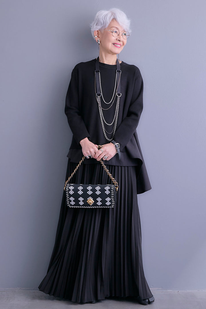 【SET】アシンメトリードレープレイヤードニット+ルーズロングプリーツスカート(2set)