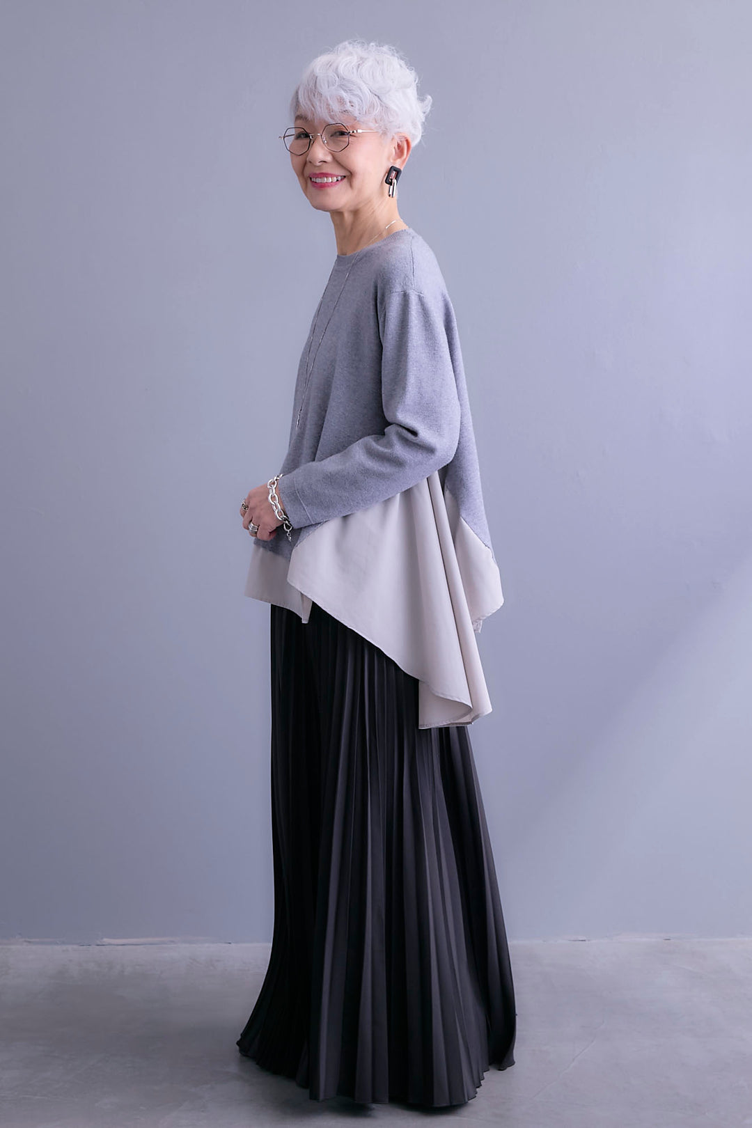 【SET】アシンメトリードレープレイヤードニット+ルーズロングプリーツスカート(2set)