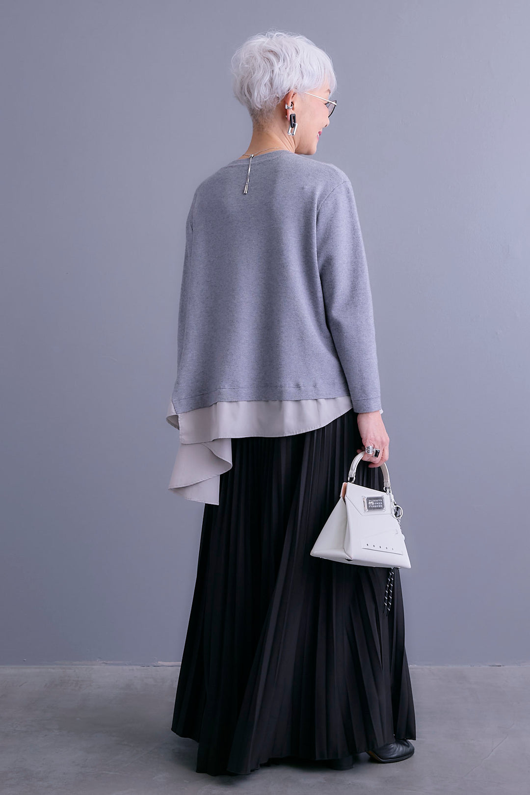 【SET】アシンメトリードレープレイヤードニット+ルーズロングプリーツスカート(2set)