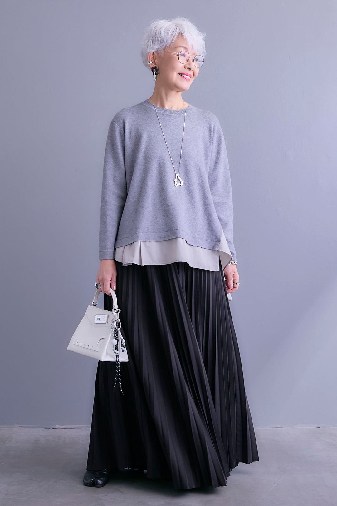 【SET】アシンメトリードレープレイヤードニット+ルーズロングプリーツスカート(2set)