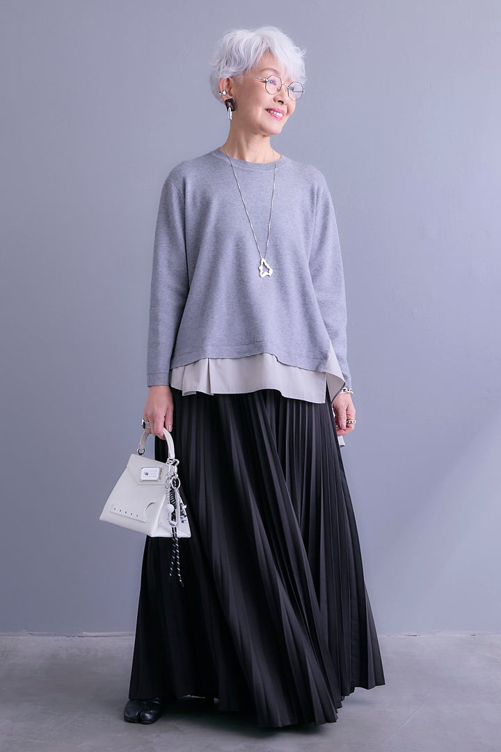 【SET】アシンメトリードレープレイヤードニット+ルーズロングプリーツスカート(2set)