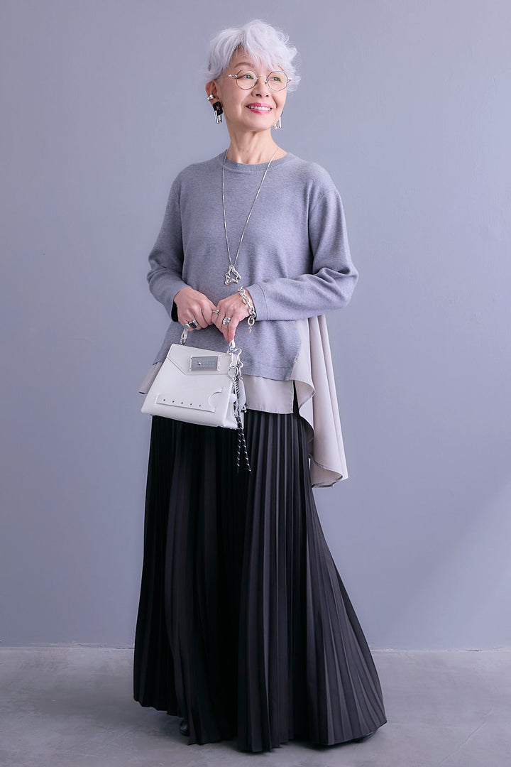 【SET】アシンメトリードレープレイヤードニット+ルーズロングプリーツスカート(2set)