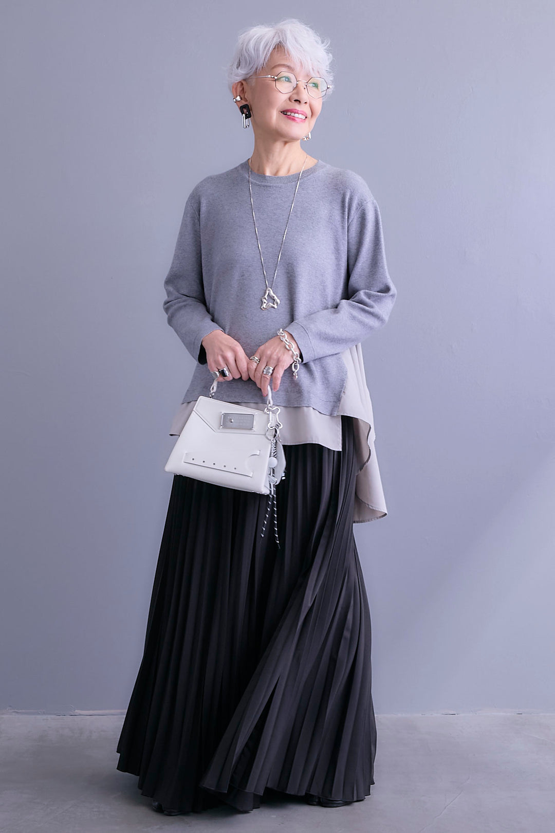 【SET】アシンメトリードレープレイヤードニット+ルーズロングプリーツスカート(2set)