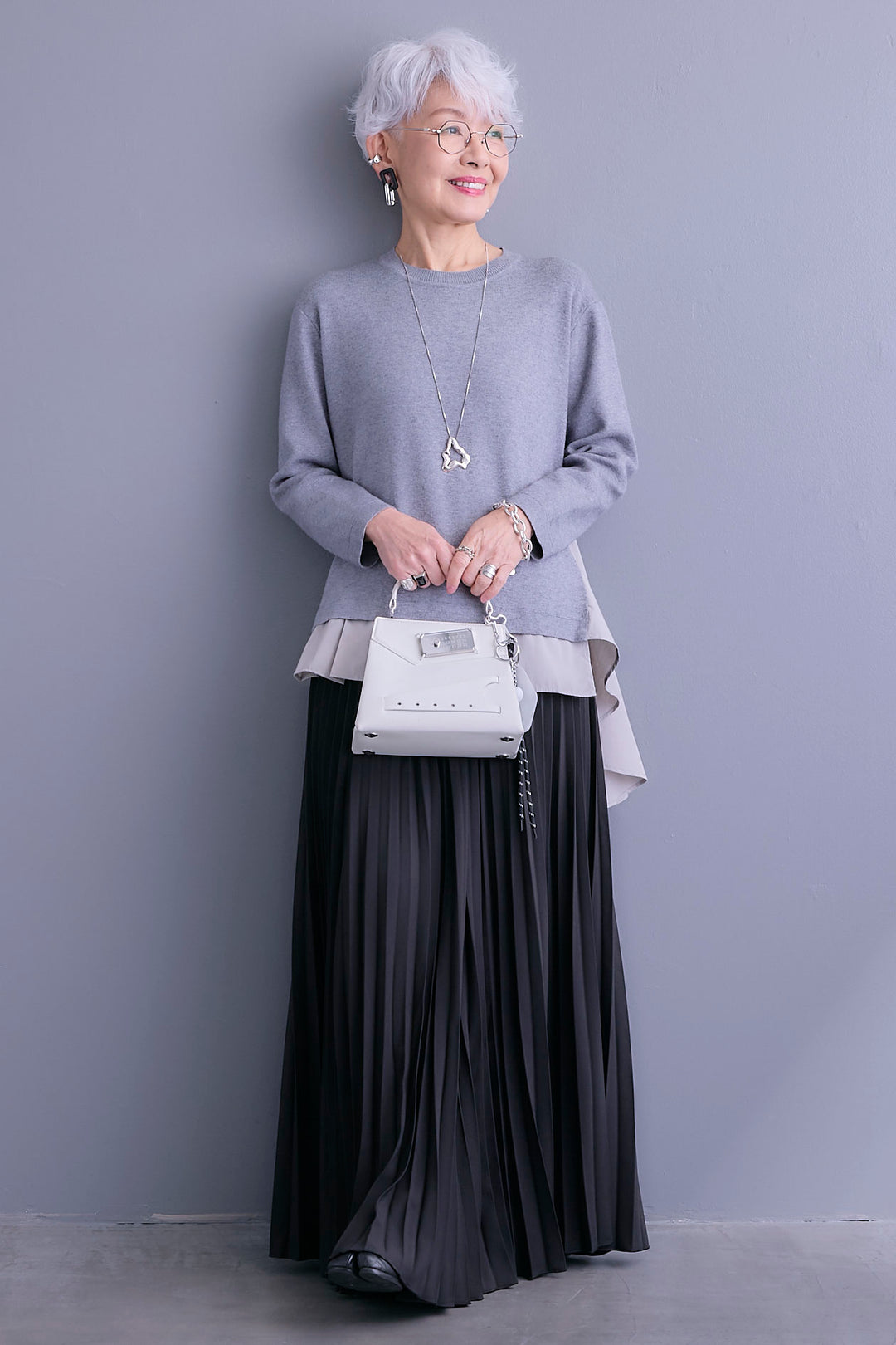 【SET】アシンメトリードレープレイヤードニット+ルーズロングプリーツスカート(2set)