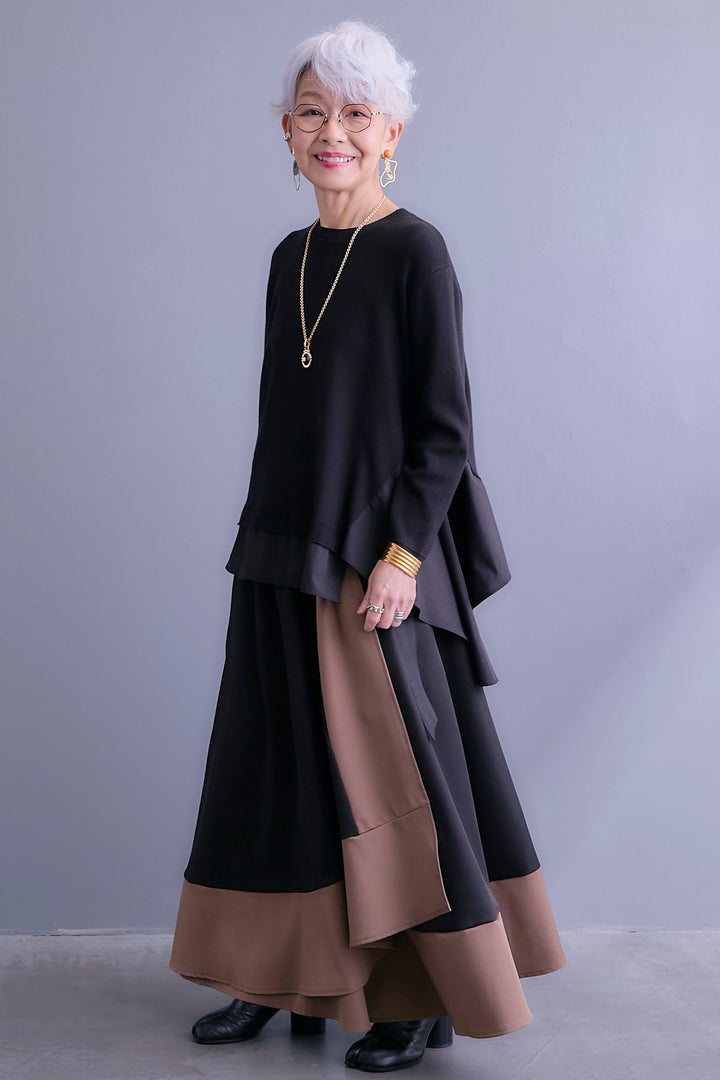 【SET】アシンメトリードレープレイヤードニット+ツートーンアシメラップフレアスカート(2set)