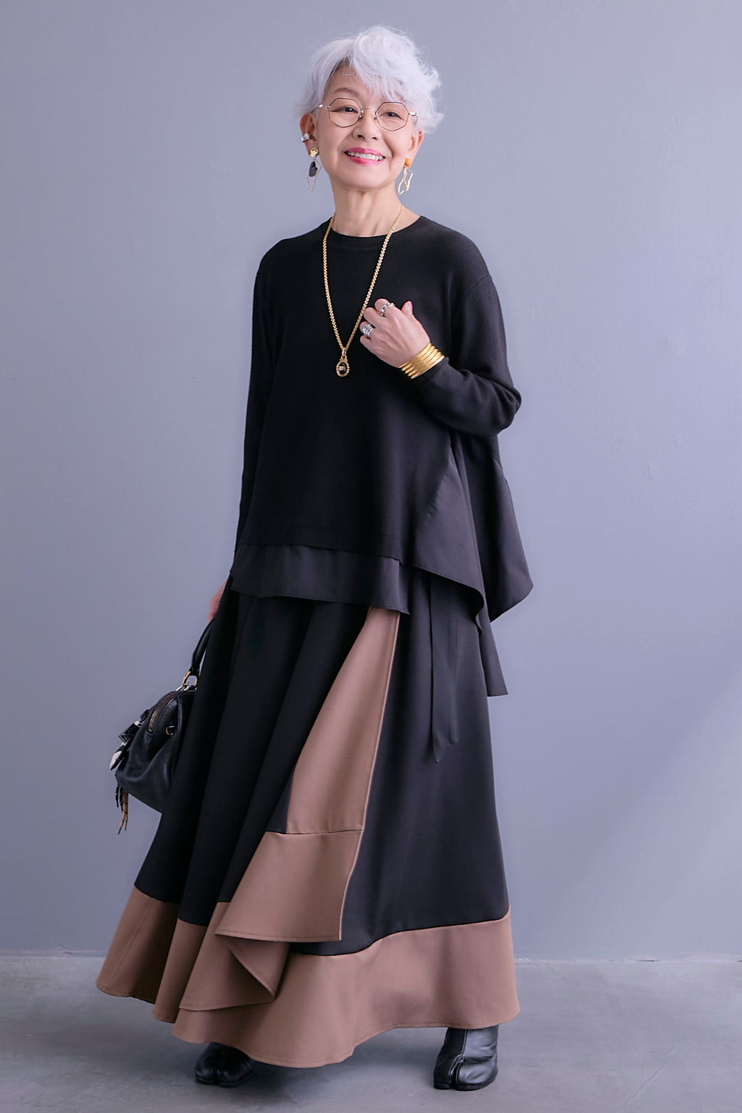 【SET】アシンメトリードレープレイヤードニット+ツートーンアシメラップフレアスカート(2set)