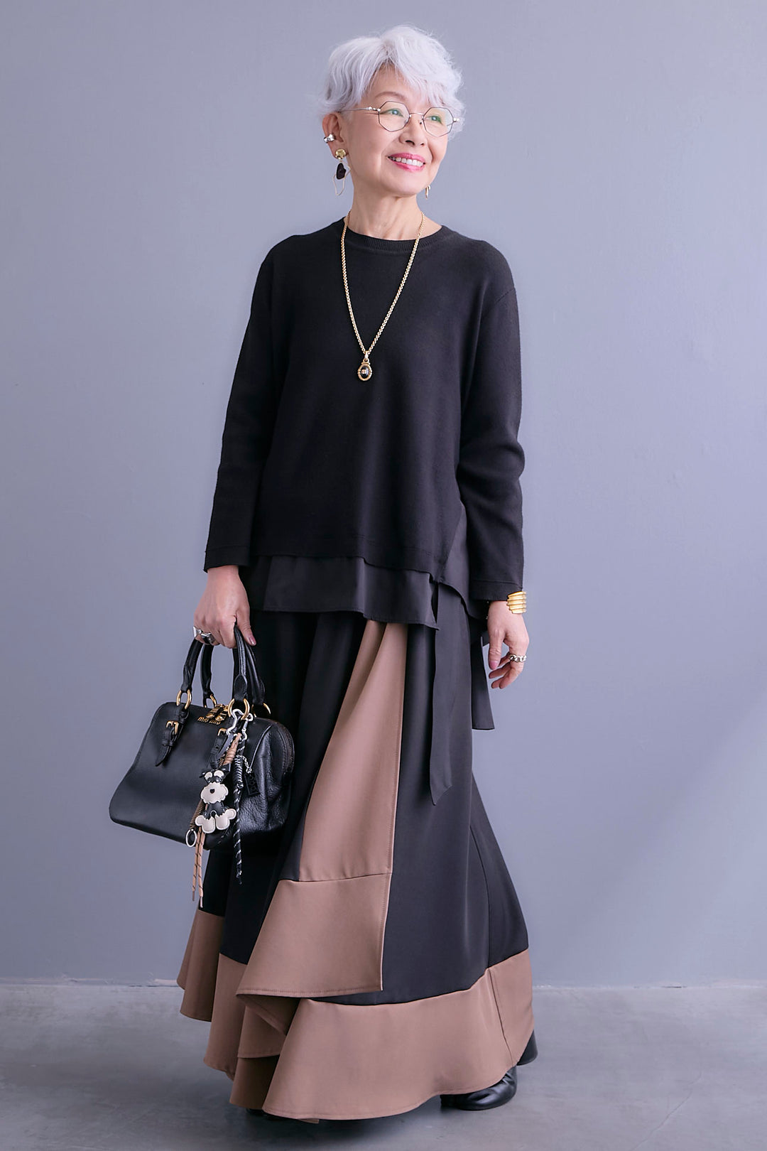 【SET】アシンメトリードレープレイヤードニット+ツートーンアシメラップフレアスカート(2set)