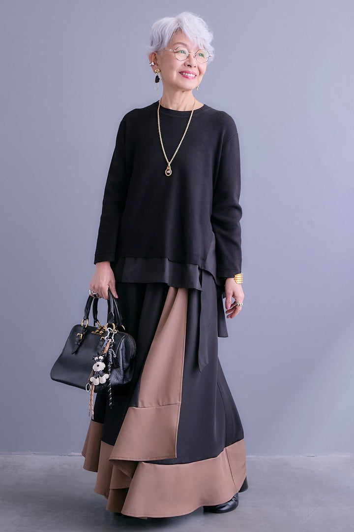 【SET】アシンメトリードレープレイヤードニット+ツートーンアシメラップフレアスカート(2set)