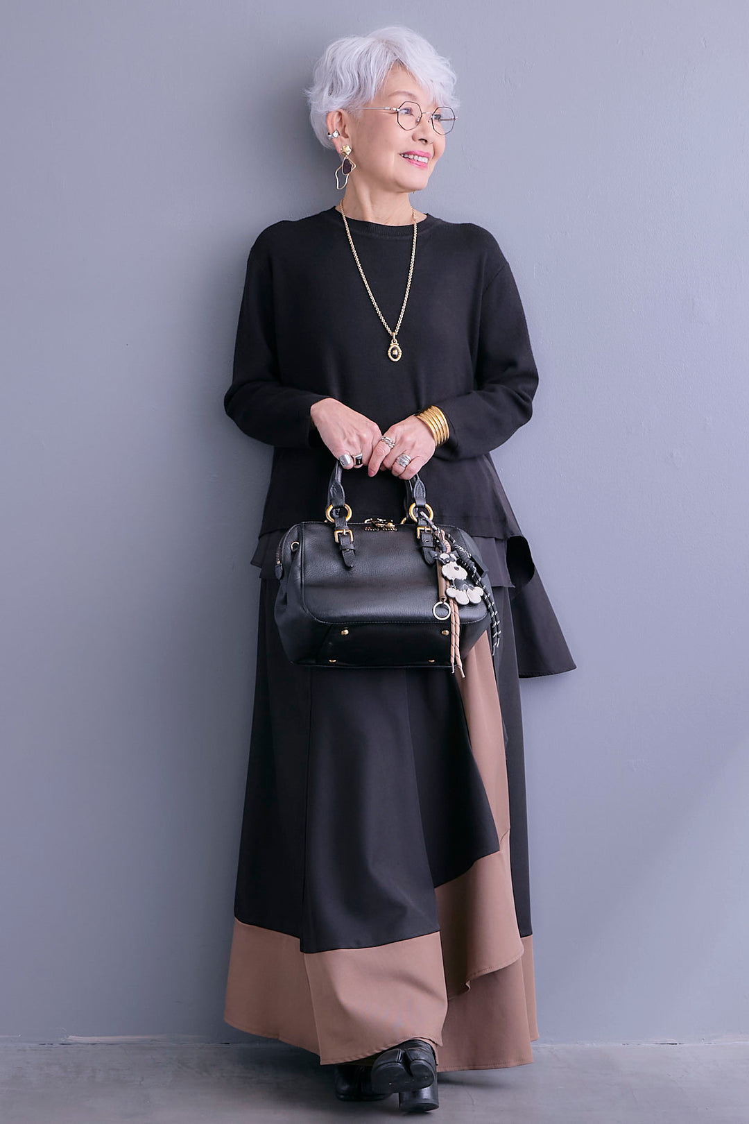 【SET】アシンメトリードレープレイヤードニット+ツートーンアシメラップフレアスカート(2set)