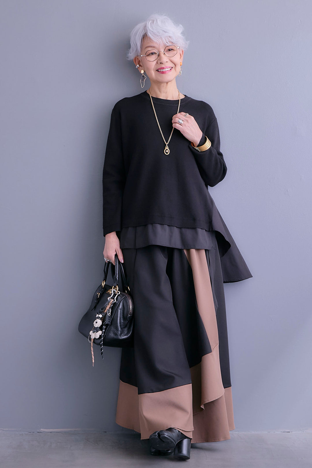 【SET】アシンメトリードレープレイヤードニット+ツートーンアシメラップフレアスカート(2set)