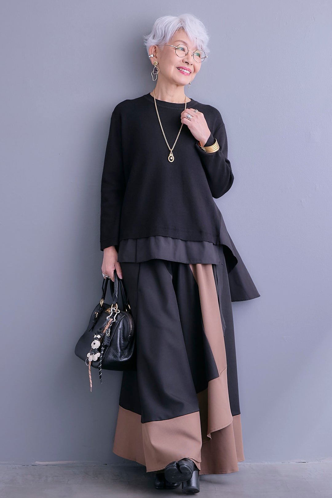 【SET】アシンメトリードレープレイヤードニット+ツートーンアシメラップフレアスカート(2set)