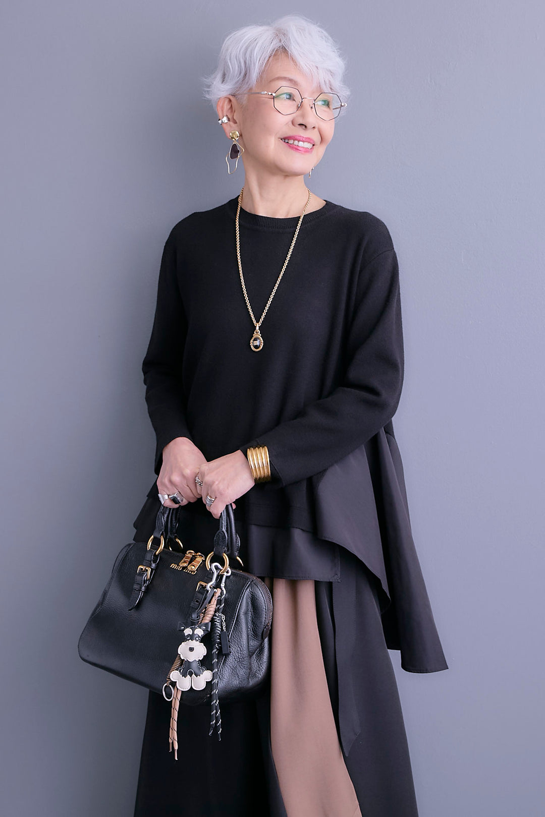 【SET】アシンメトリードレープレイヤードニット+ツートーンアシメラップフレアスカート(2set)