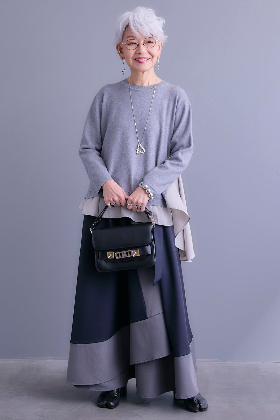 【SET】アシンメトリードレープレイヤードニット+ツートーンアシメラップフレアスカート(2set)