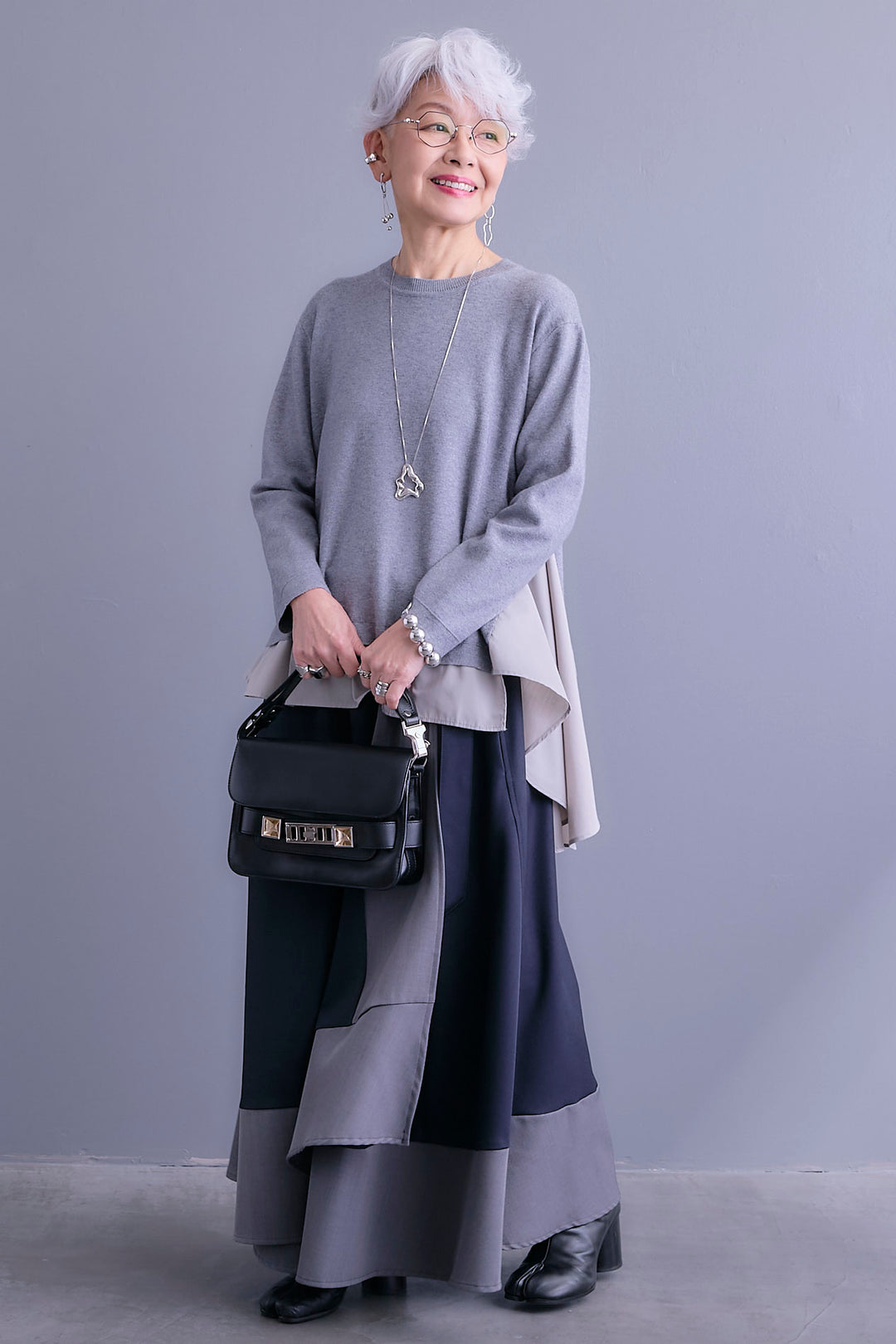 【SET】アシンメトリードレープレイヤードニット+ツートーンアシメラップフレアスカート(2set)