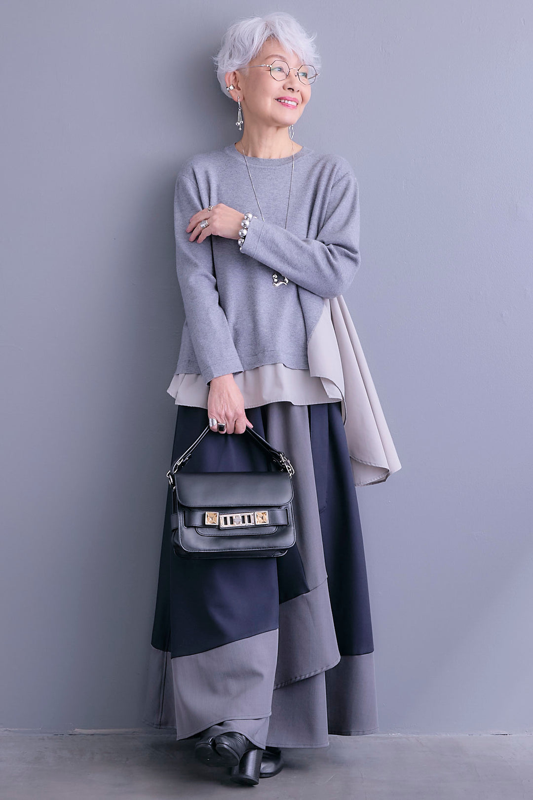 【SET】アシンメトリードレープレイヤードニット+ツートーンアシメラップフレアスカート(2set)