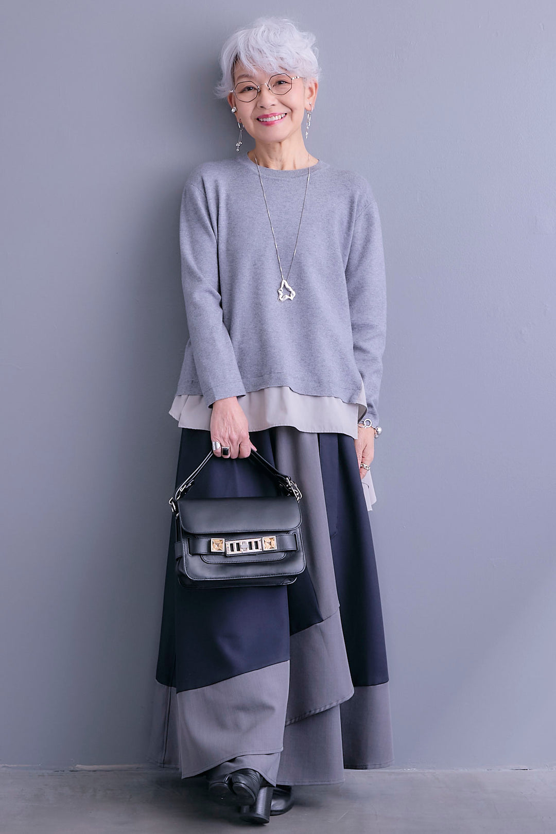 【SET】アシンメトリードレープレイヤードニット+ツートーンアシメラップフレアスカート(2set)