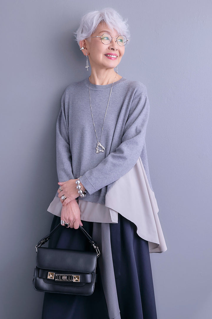 【SET】アシンメトリードレープレイヤードニット+ツートーンアシメラップフレアスカート(2set)