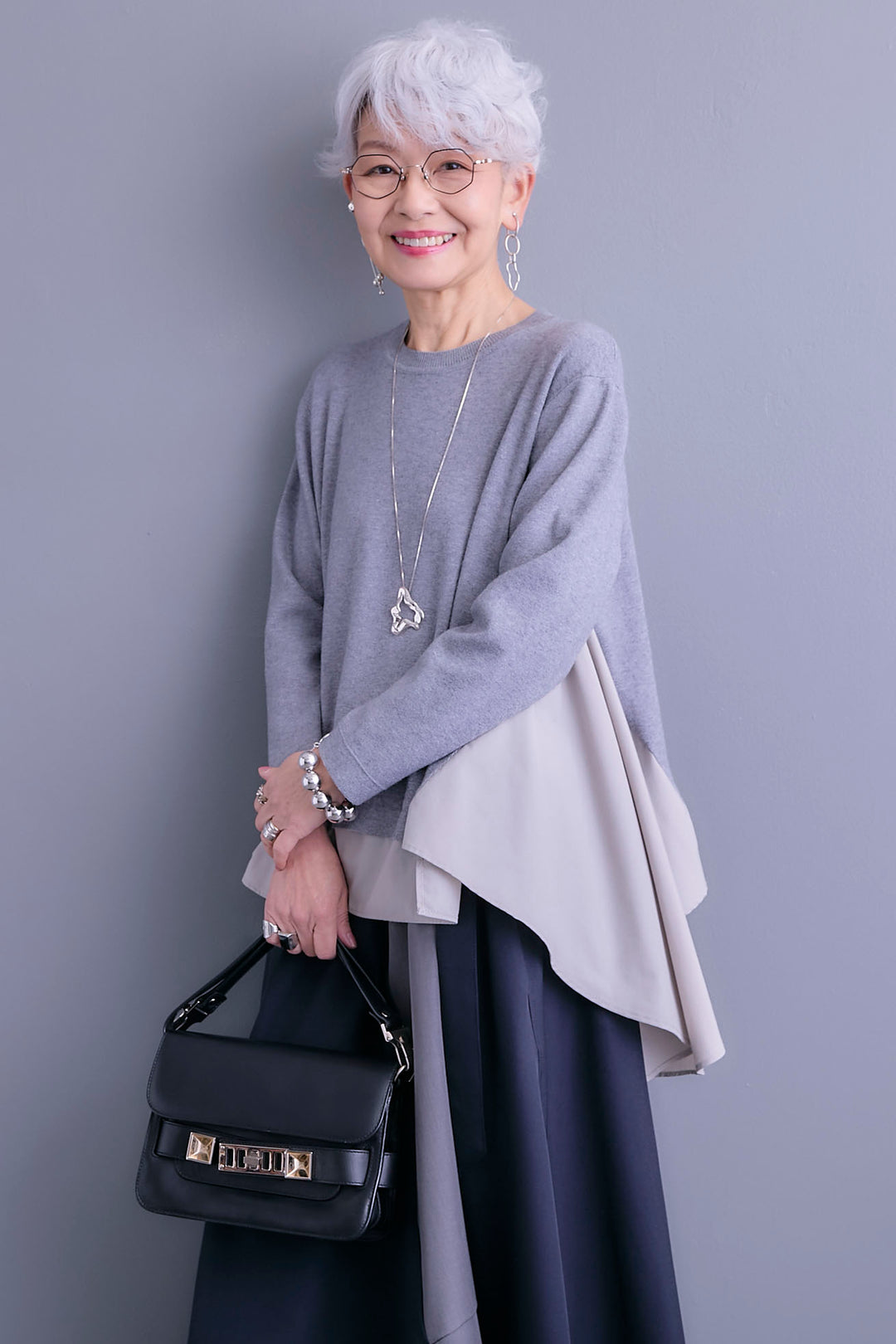 【SET】アシンメトリードレープレイヤードニット+ツートーンアシメラップフレアスカート(2set)